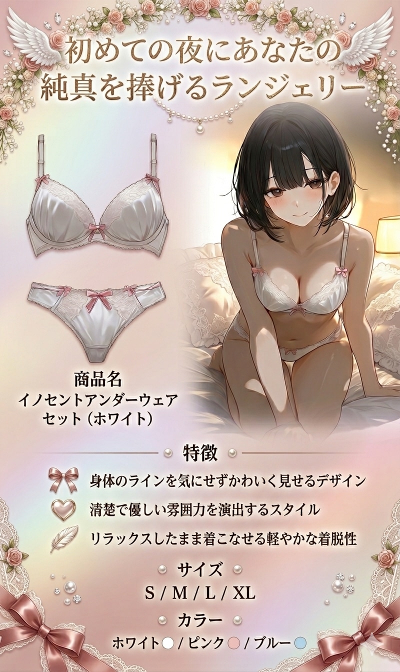 商品広告「イノセントアンダーウェアセット（ホワイト）」【R-15版】（えっちなおねえさん９０３の３）