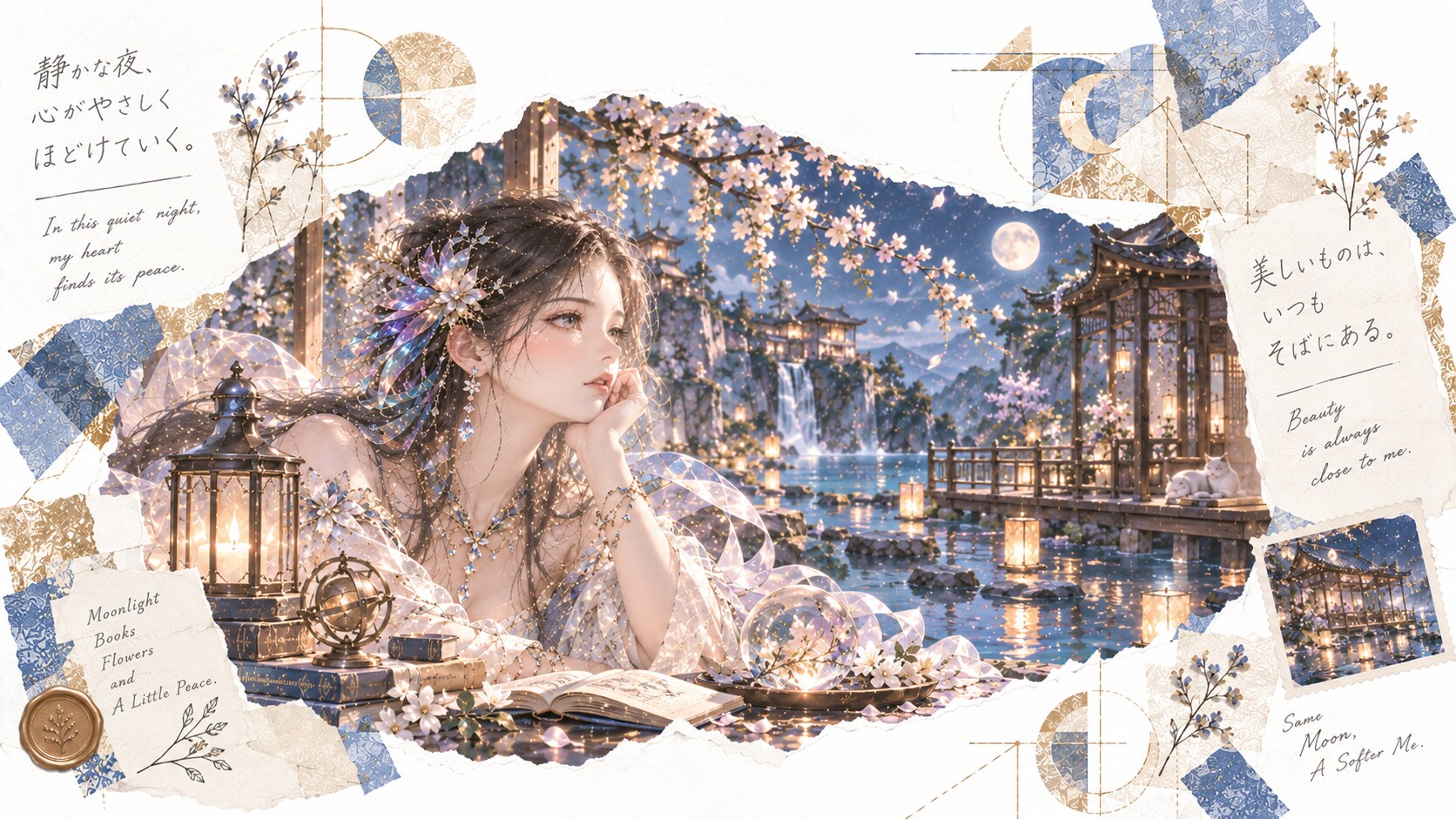 Moonlit Water Garden — A Quiet Heart  In this quiet night, my heart finds its peace.  Lanterns glow | の人気AIイラスト・グラビア