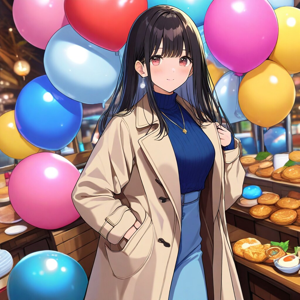 いっぱい風船を持つ黒髪ロングのロングコート着た美女。 | の人気AIイラスト・グラビア