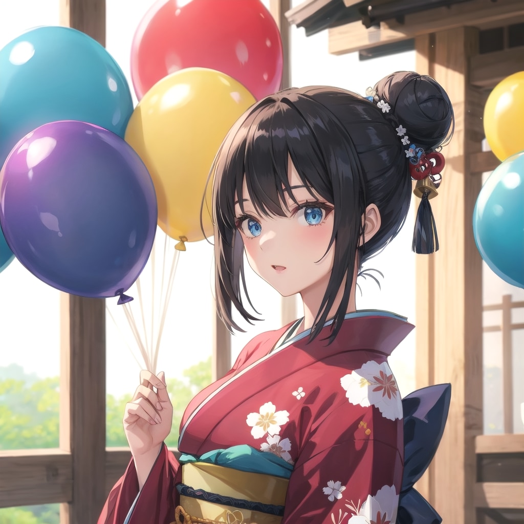 神社でいっぱい風船を持つ黒髪お団子ヘアの着物美女。