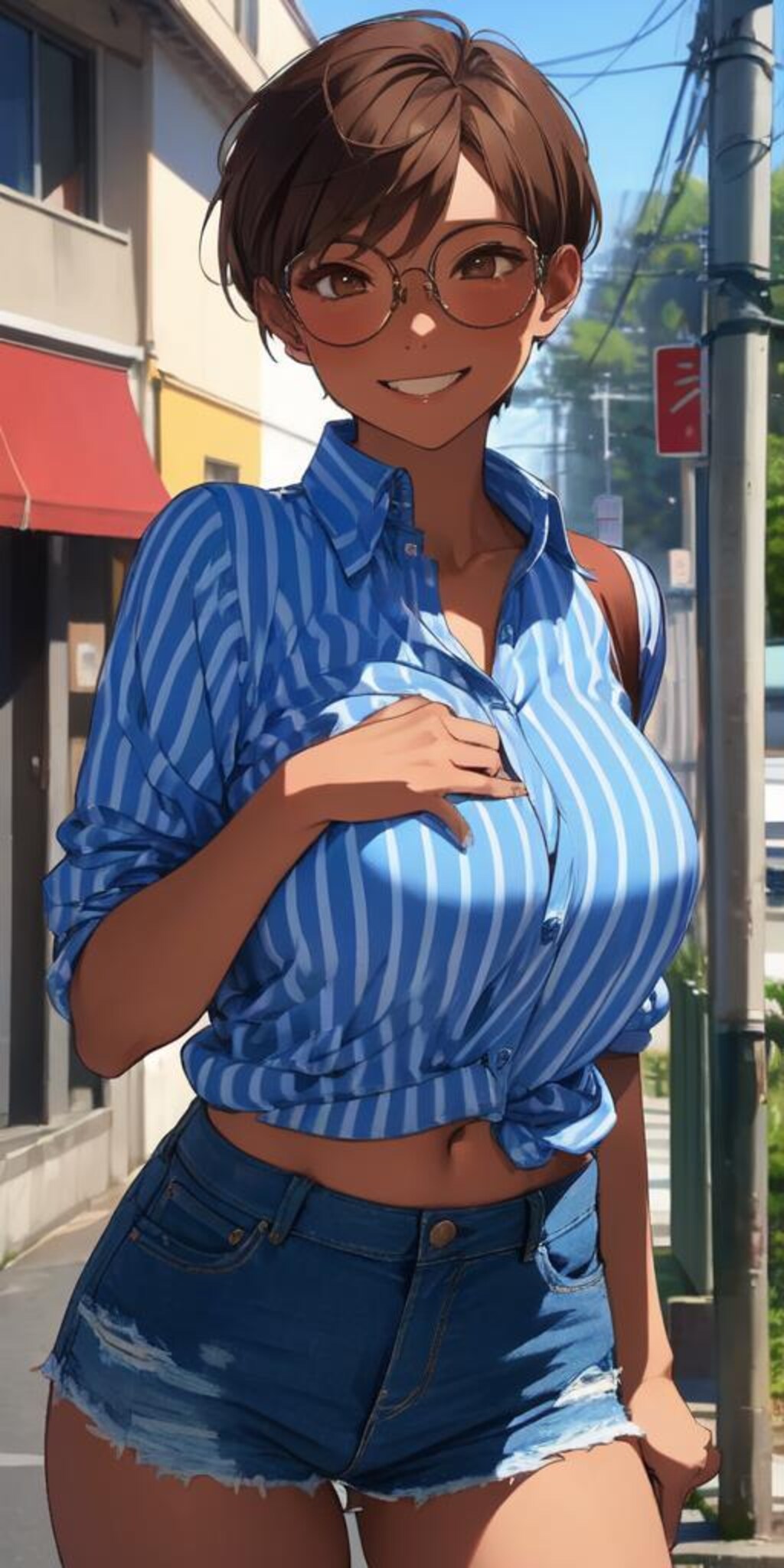 ストライプシャツを着た日焼け少女