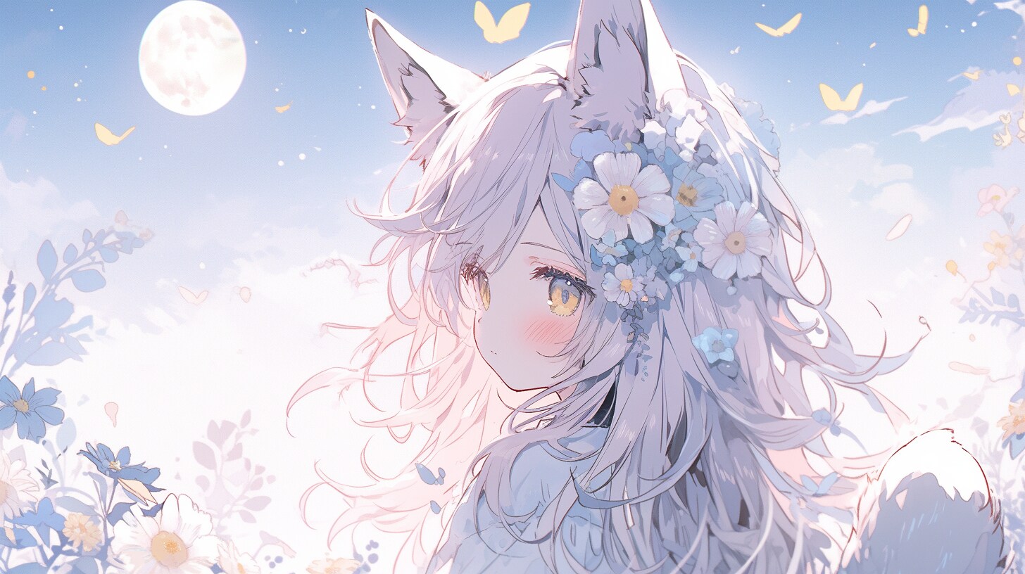 月夜の花畑に舞う狐の少女 | の人気AIイラスト・グラビア