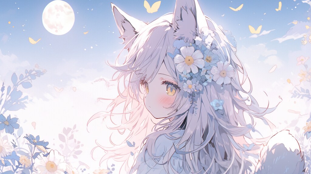 月夜の花畑に舞う狐の少女