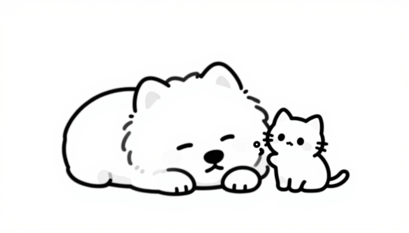 サモエドんと子猫さん　起きて遊んでよ～・・からの～・・ｚｚｚｚｚｚｚ | の人気AIイラスト・グラビア