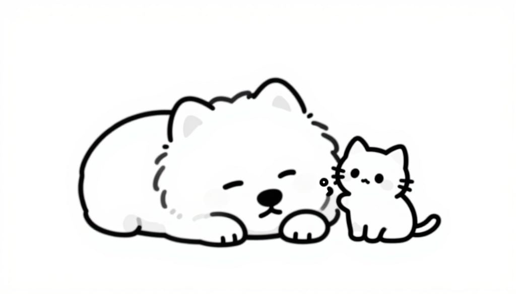 サモエドんと子猫さん　起きて遊んでよ～・・からの～・・ｚｚｚｚｚｚｚ
