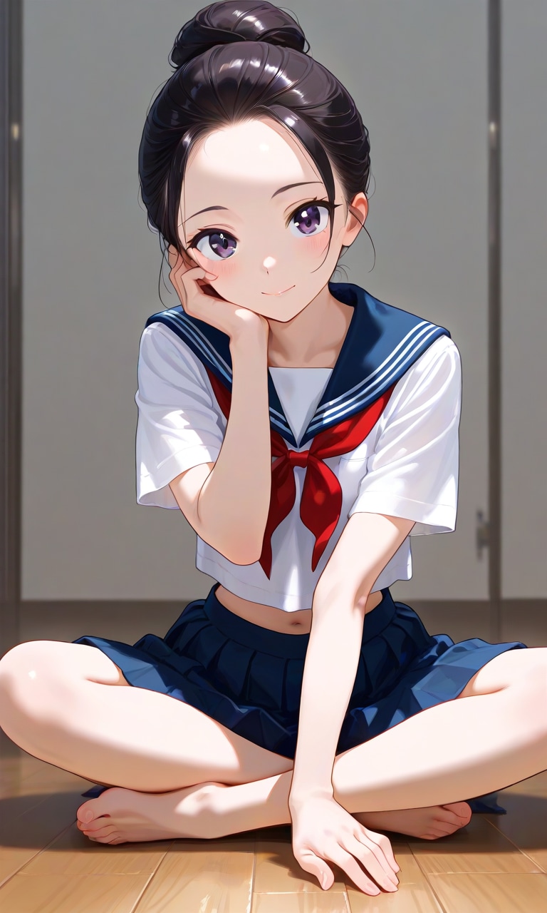 シニョン、セーラー服、あぐら3 | の人気AIイラスト・グラビア