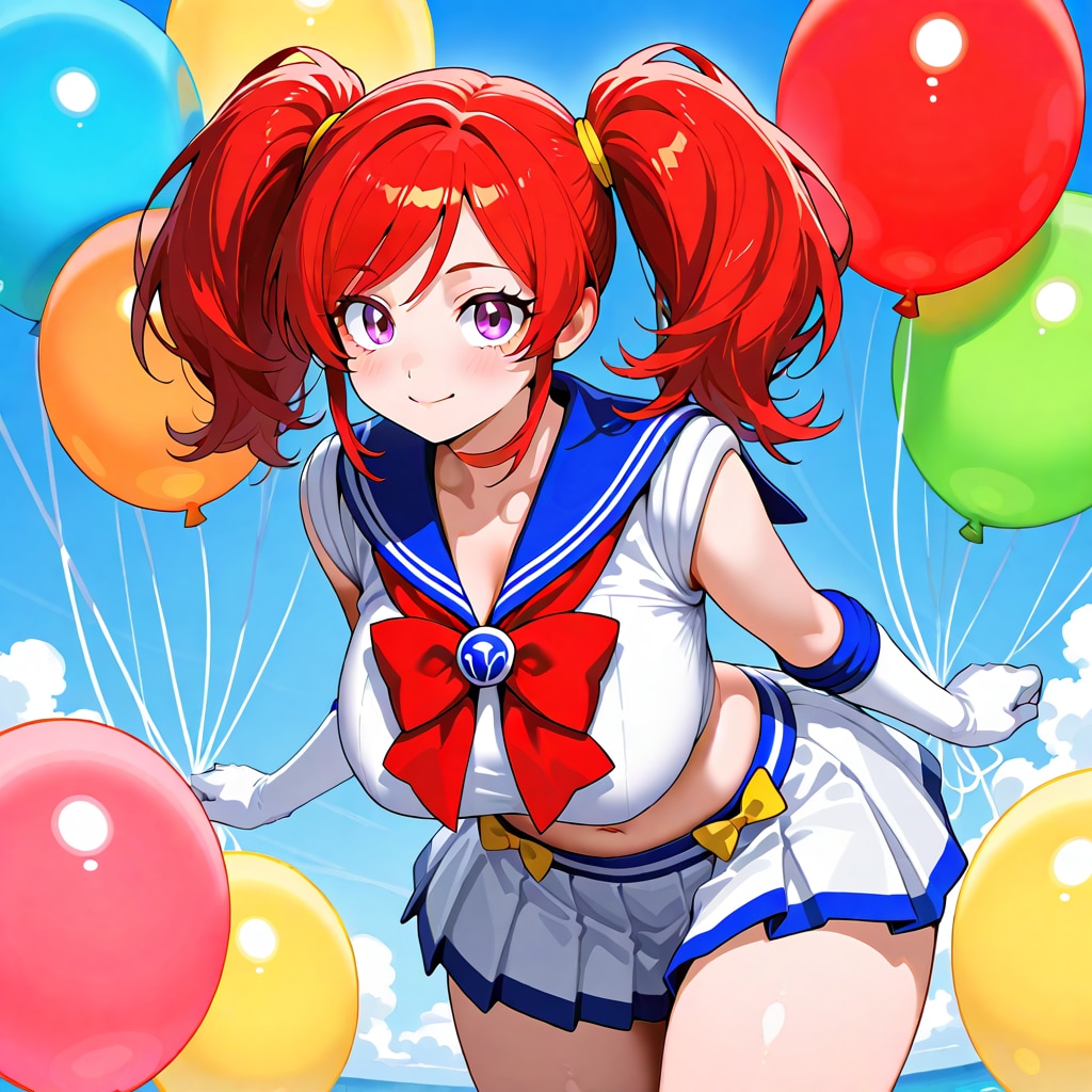 いっぱい色とりどりの風船を持つ赤い髪ツインテールのセーラー服着た美少女