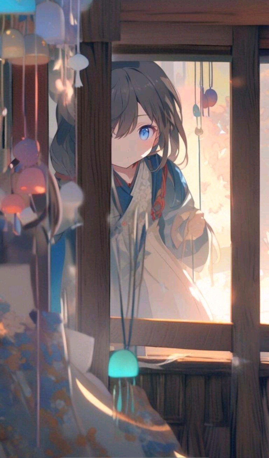 月明かりの中、古びた縁側に佇む少女