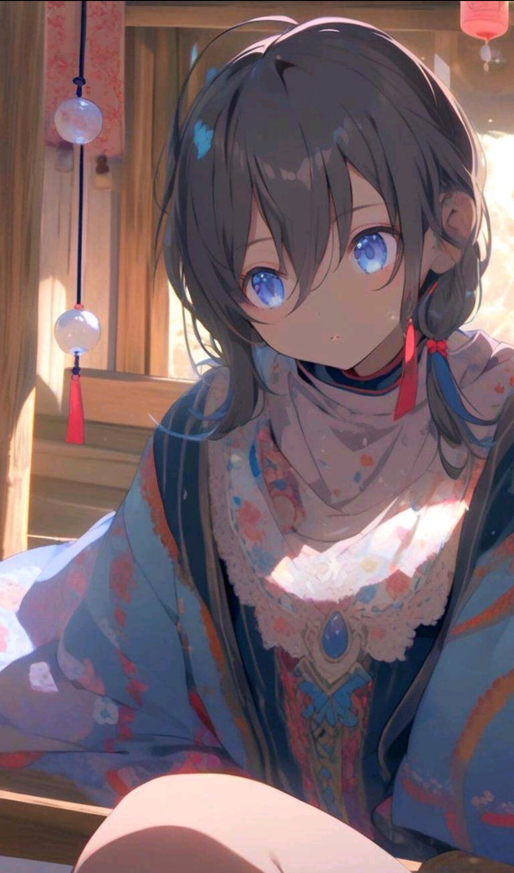 月明かりの中、古びた縁側に佇む少女