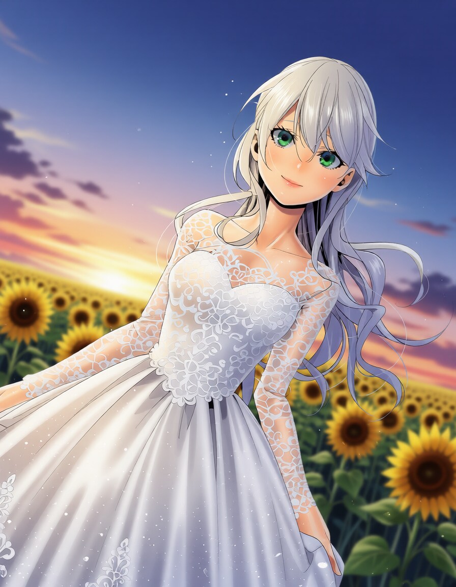 夕焼けと、白いウェディングドレス | の人気AIイラスト・グラビア