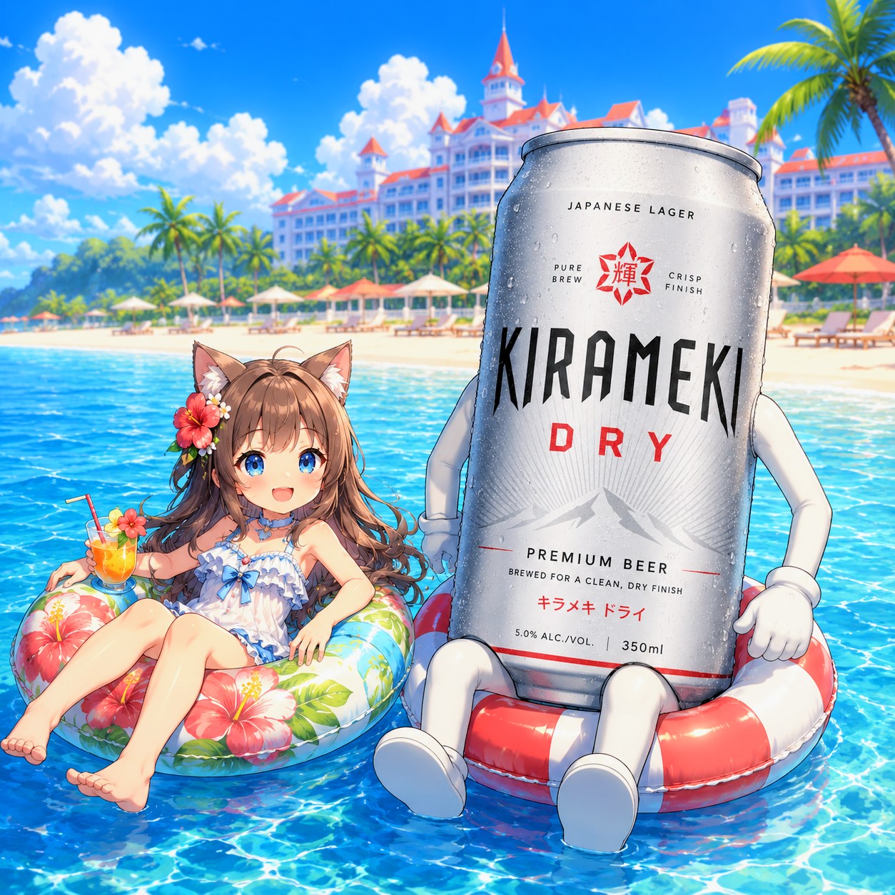 浮き輪で海に揺られる小さな女の子