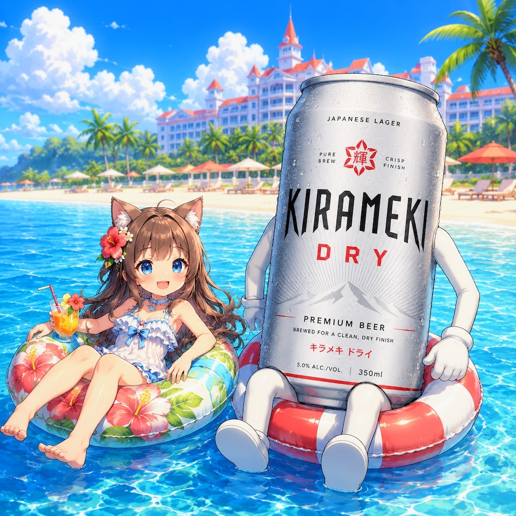 浮き輪で海に揺られる小さな女の子
