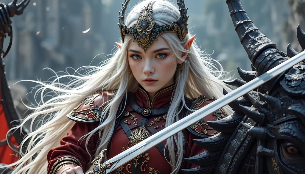 ドラゴンに乗るエルフの騎士