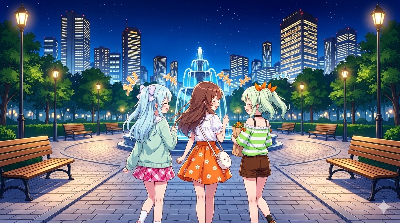 夜の噴水公園4 | の人気AIイラスト・グラビア
