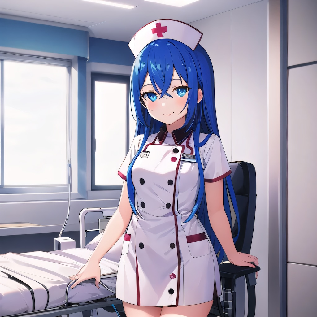 青髪ロングで白衣の少女