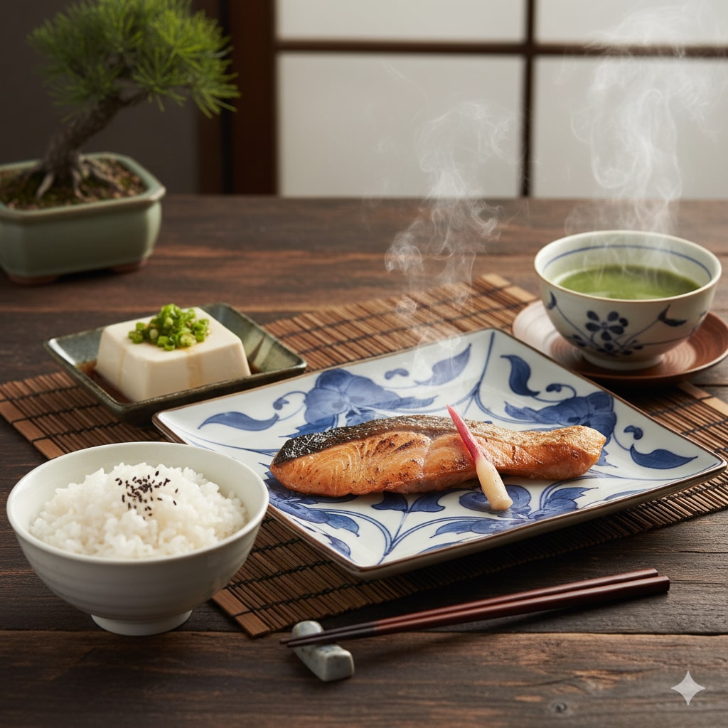摩訶不思議食堂の鮭と日本茶のセット