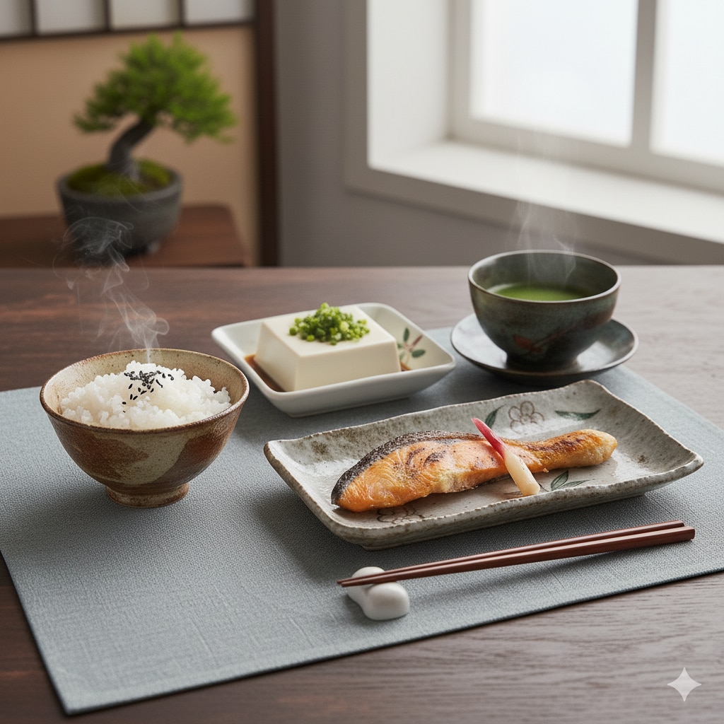 摩訶不思議食堂の鮭と日本茶のセット