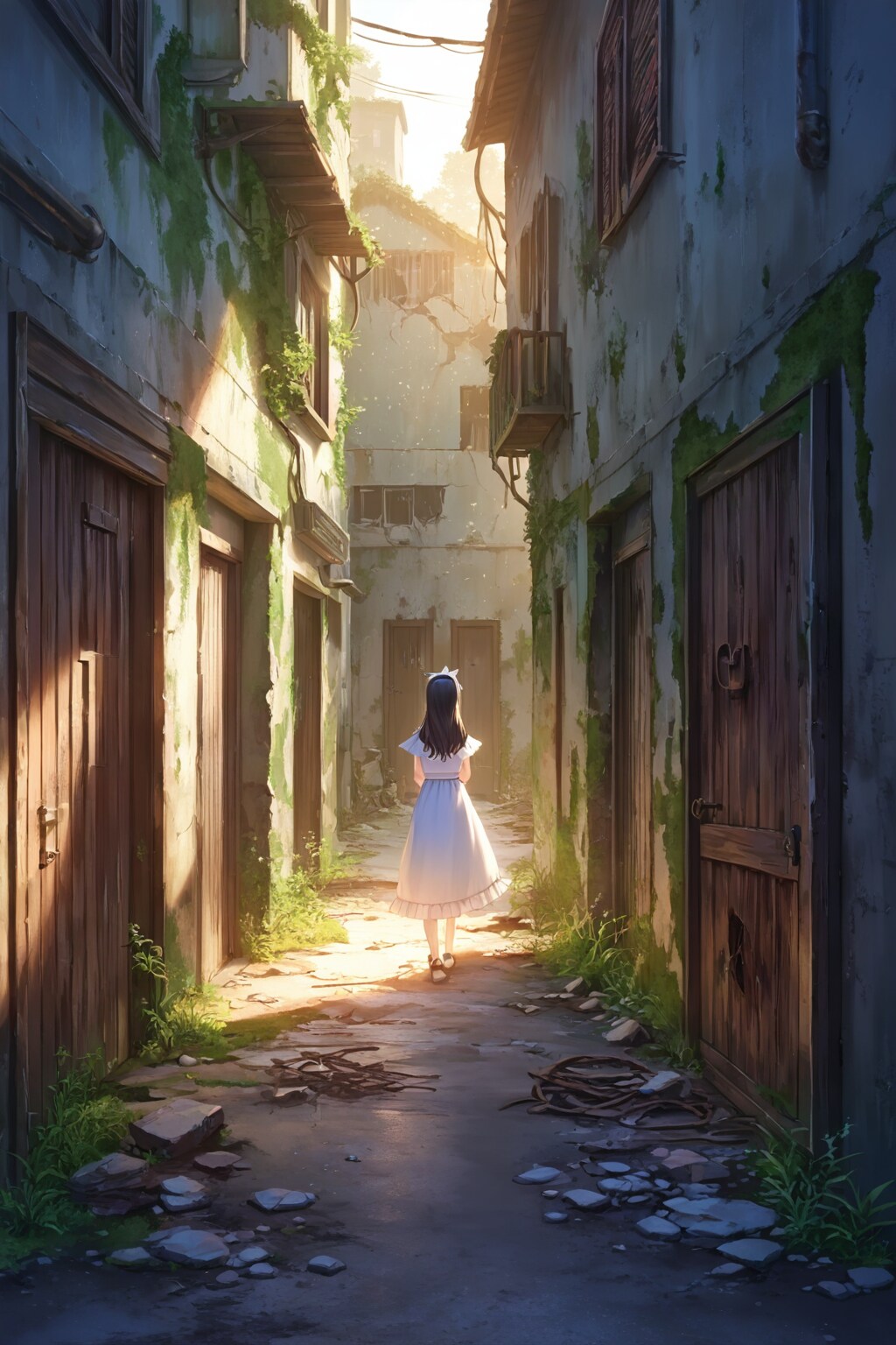 廃れた町・佇む後ろ姿の女性 | の人気AIイラスト・グラビア