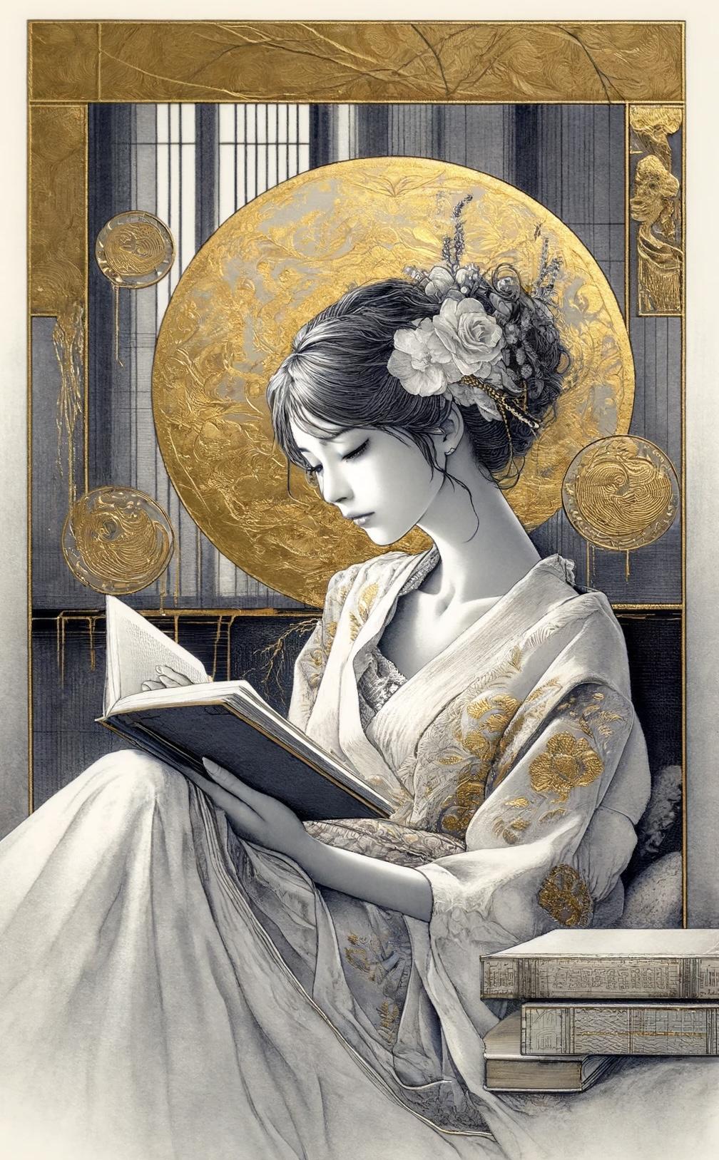 読書する女、和風。