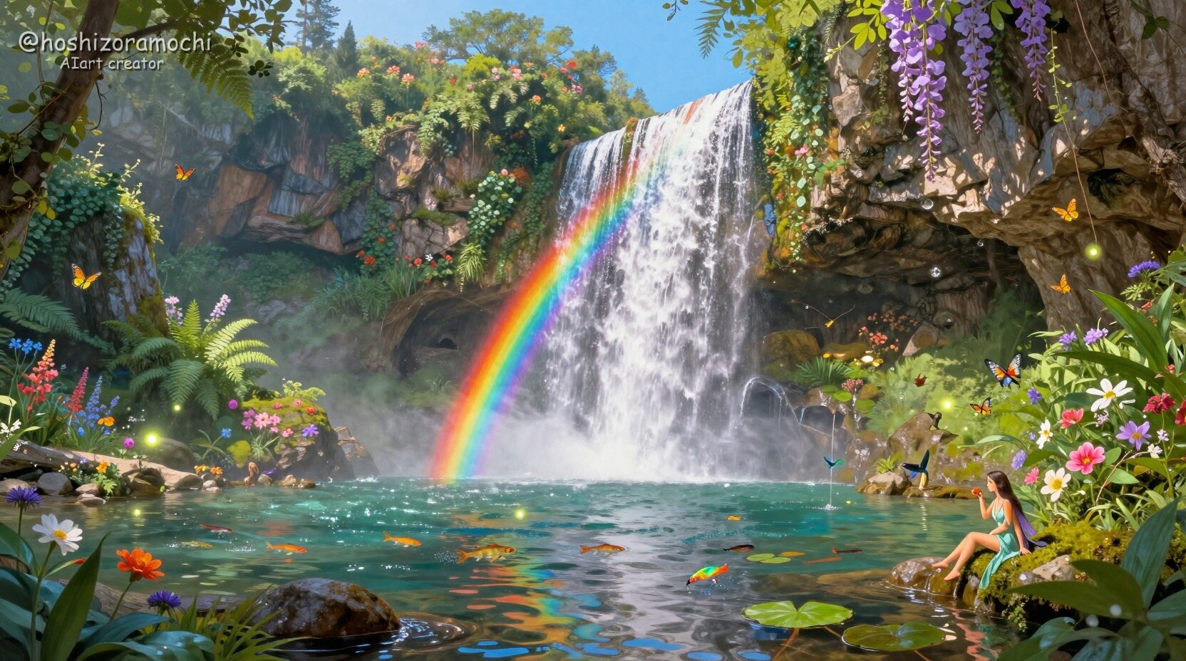 虹の滝が流れる秘密の谷🌈 | の人気AIイラスト・グラビア