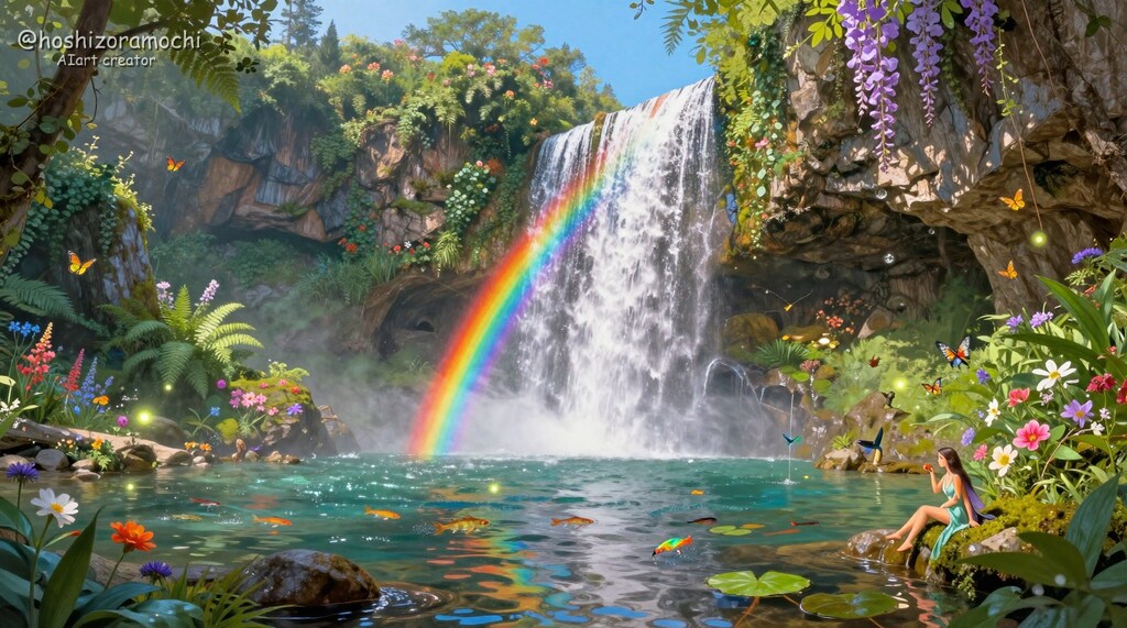 虹の滝が流れる秘密の谷🌈