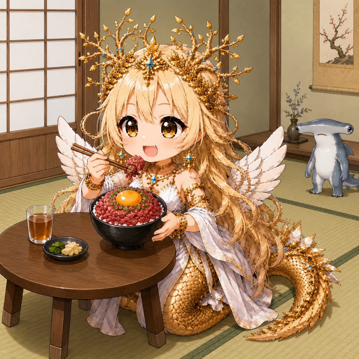 ユッケ風コンビーフ丼と金竜女神