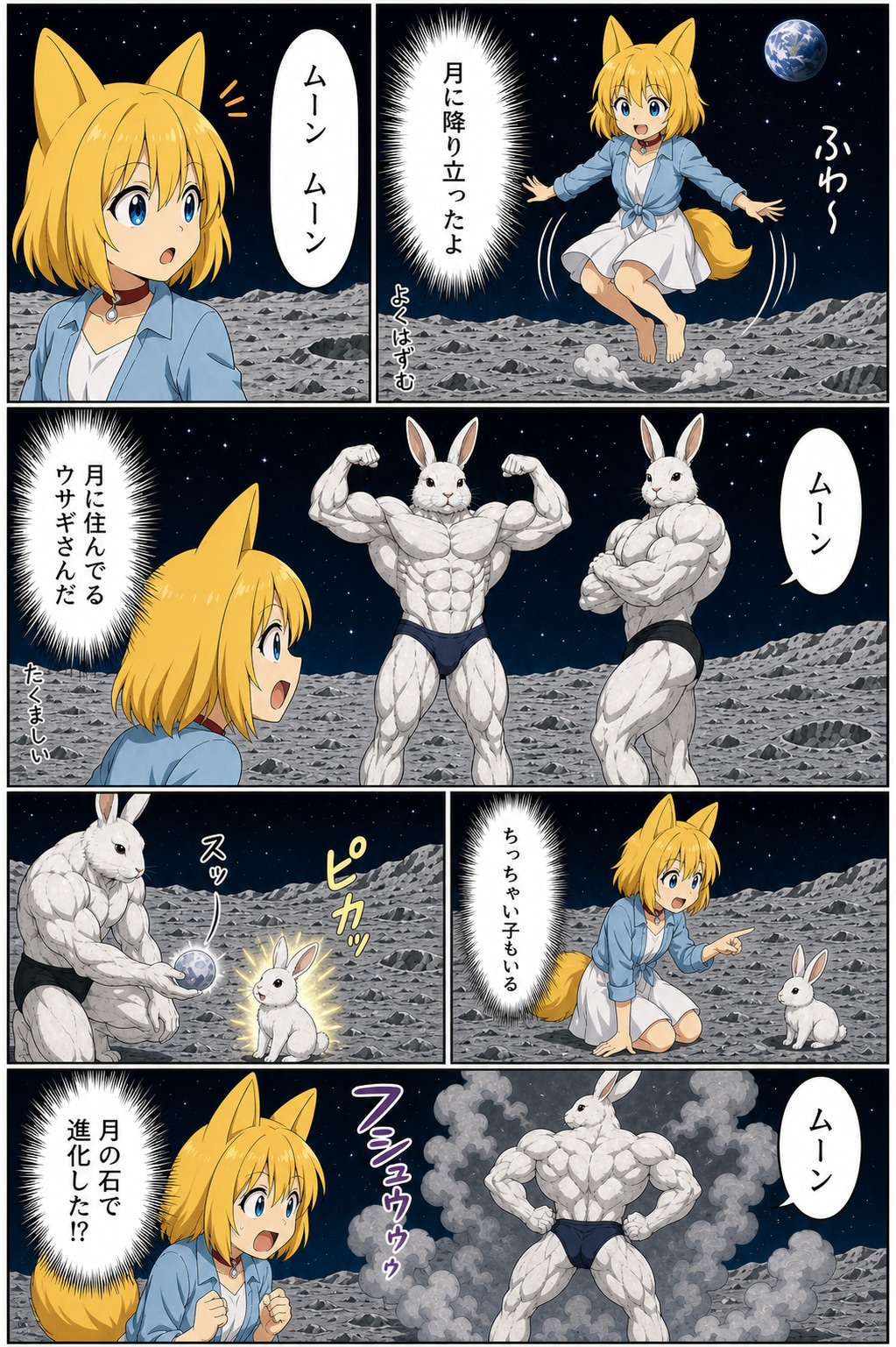 過酷な月の環境に適応させるために弱い個体を見つけたら即進化させる月ウサギさんの生存戦略を目撃するキツネ