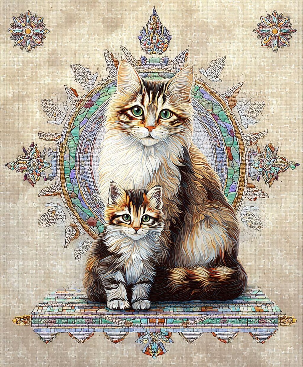 猫の親子-タイル画風