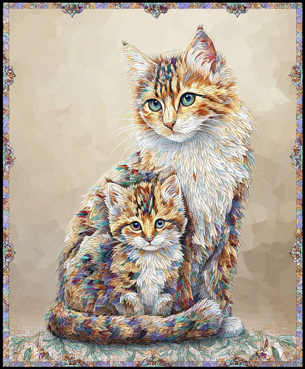 猫の親子-タイル画風