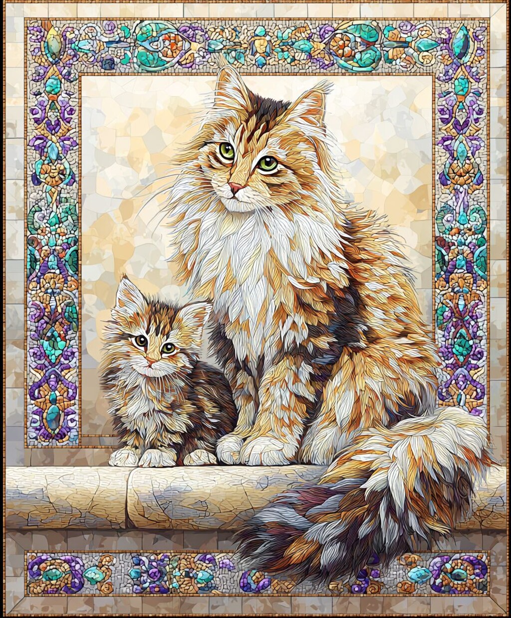 猫の親子-タイル画風