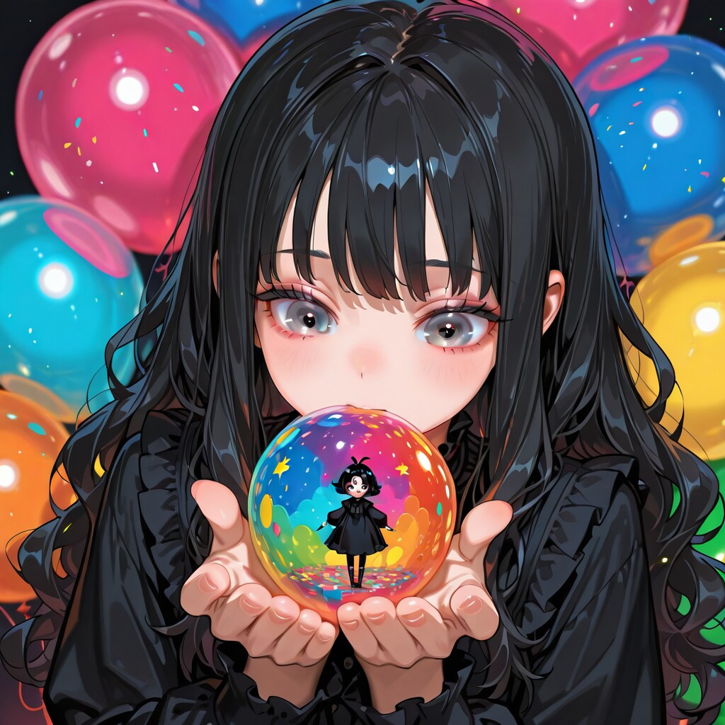 いっぱい色とりどりの風船を持つ黒髪ロングウェーブヘアのチビキャラを持つ美少女 | の人気AIイラスト・グラビア