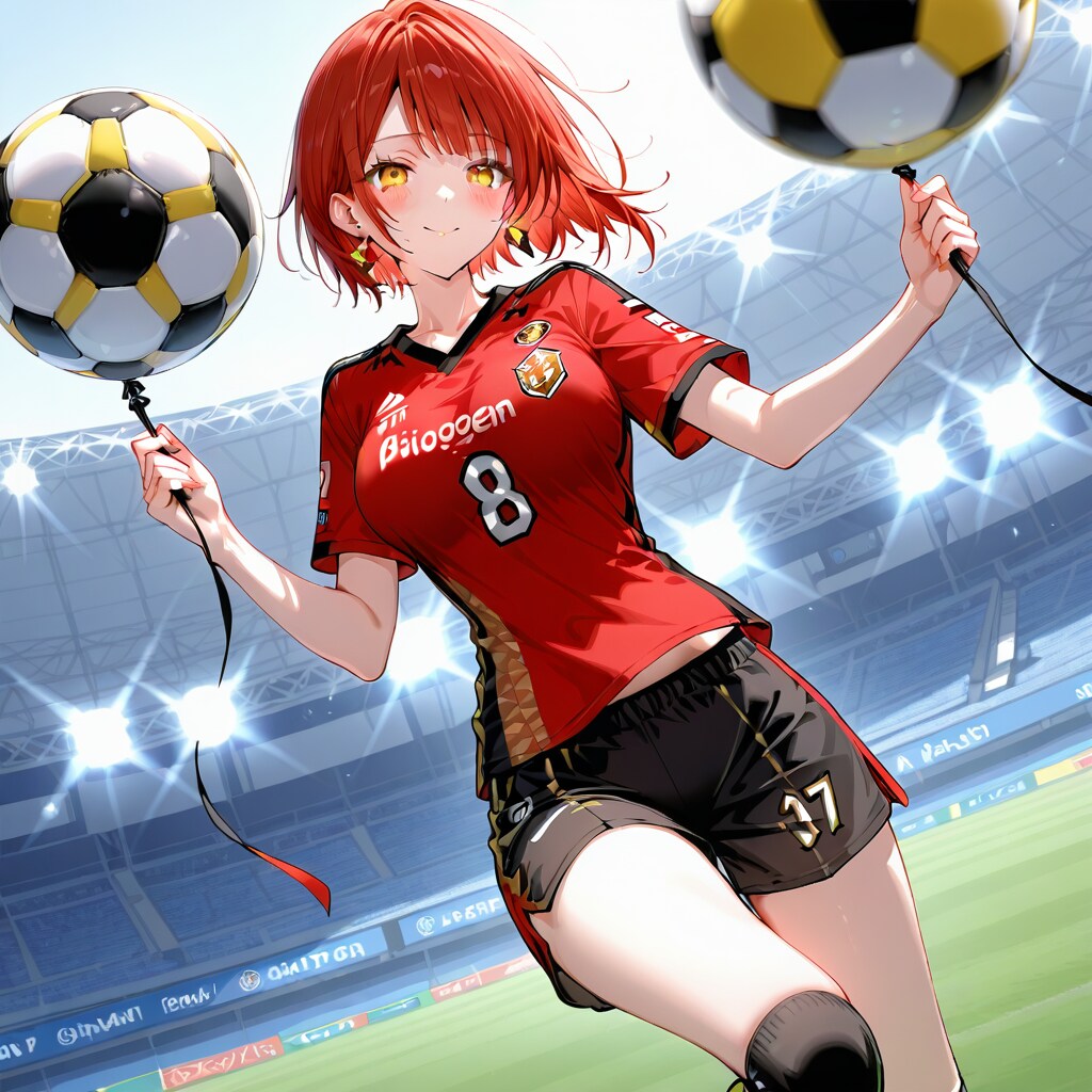 サッカーボールの風船を持つ赤い髪ショートカットのサッカーユニフォーム着た美女