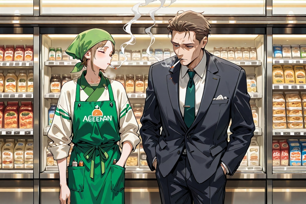 スーパーちちぷいの表でヤニ吸う2人