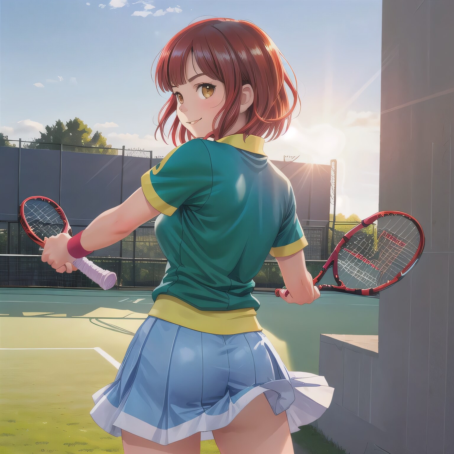 赤髪ボブでテニスウェアの少女