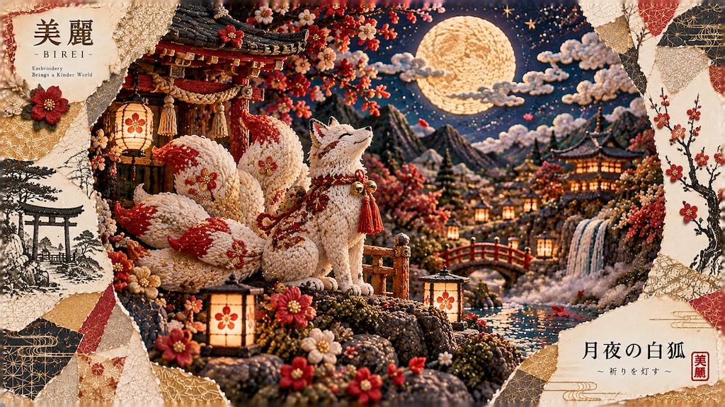 Moonlit White Fox — A Light for New Beginnings  Under a moon woven from silver thread, a white fox w