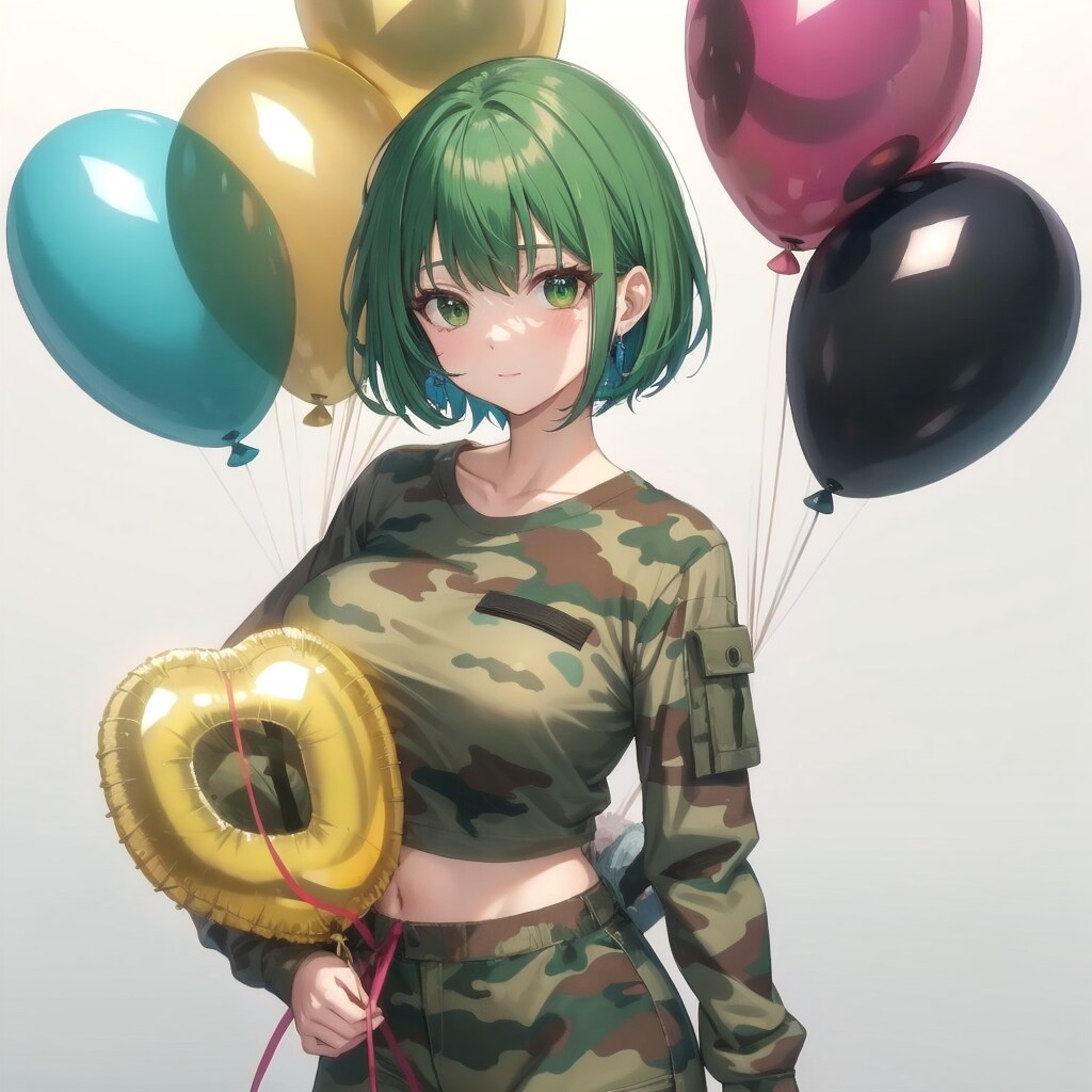 いっぱい風船を持つ緑髪ショートカットの迷彩服着た美女。