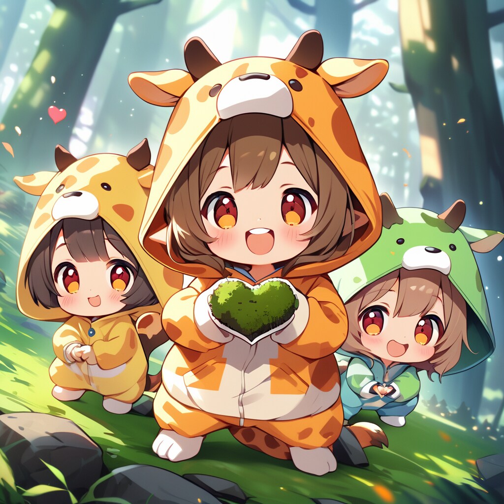 苔むした樹海を散策するキリン着ぐるみちび子ちゃん