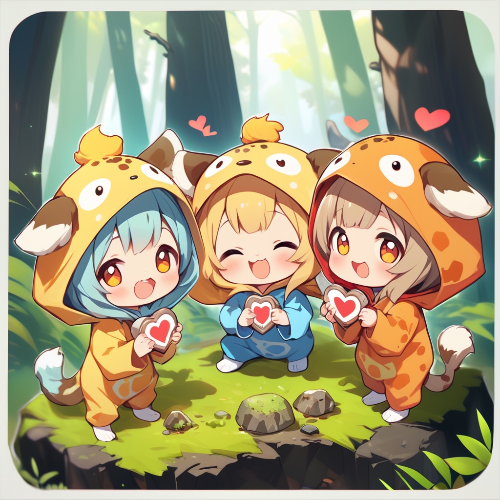 苔むした樹海を散策するキリン着ぐるみちび子ちゃん