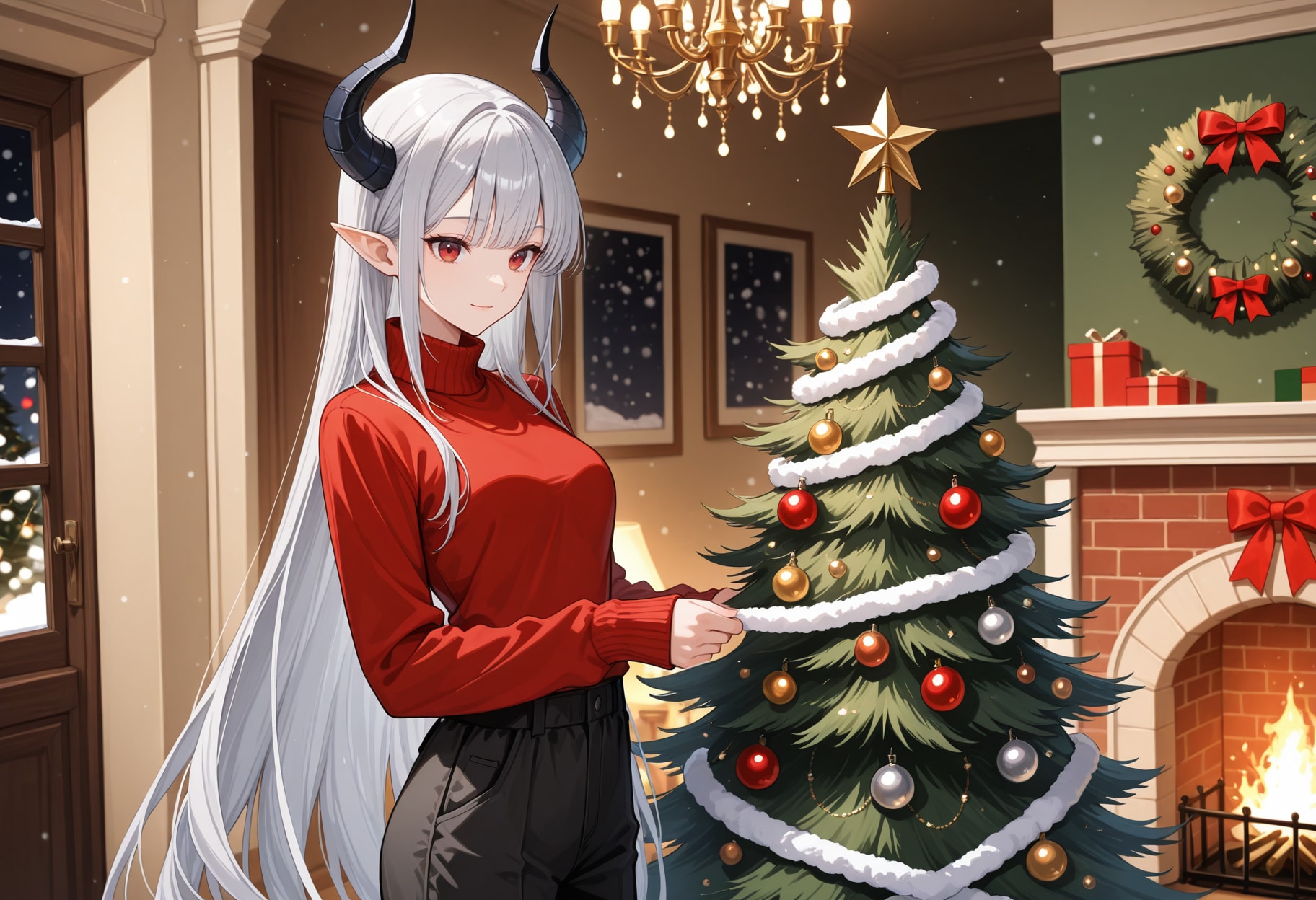 クリスマスツリーの飾りつけをする銀髪竜姫さん | の人気AIイラスト・グラビア
