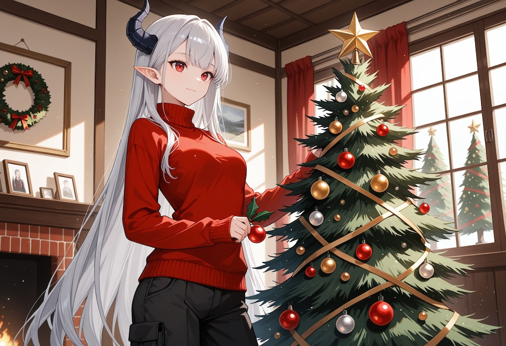 クリスマスツリーの飾りつけをする銀髪竜姫さん