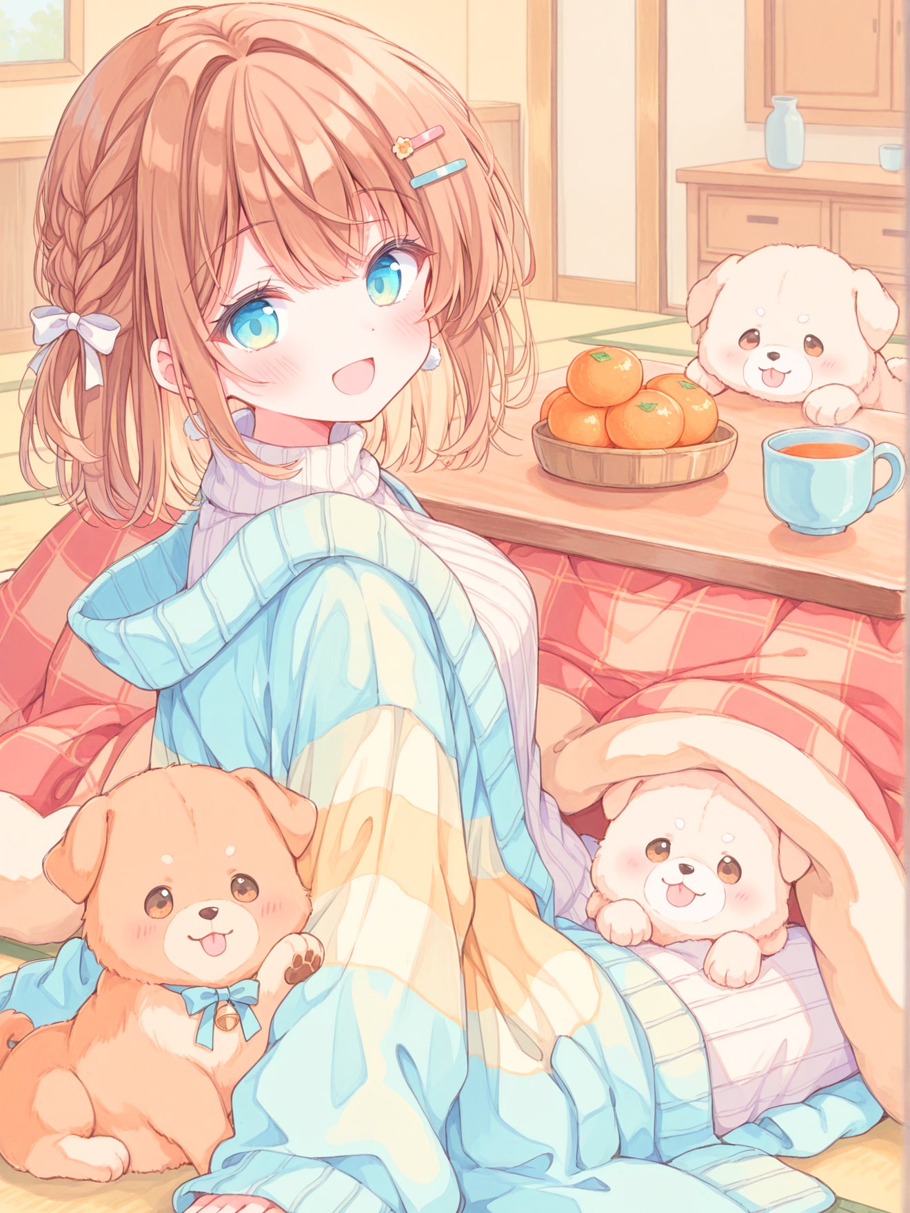 こたつに集まる子犬たち | の人気AIイラスト・グラビア