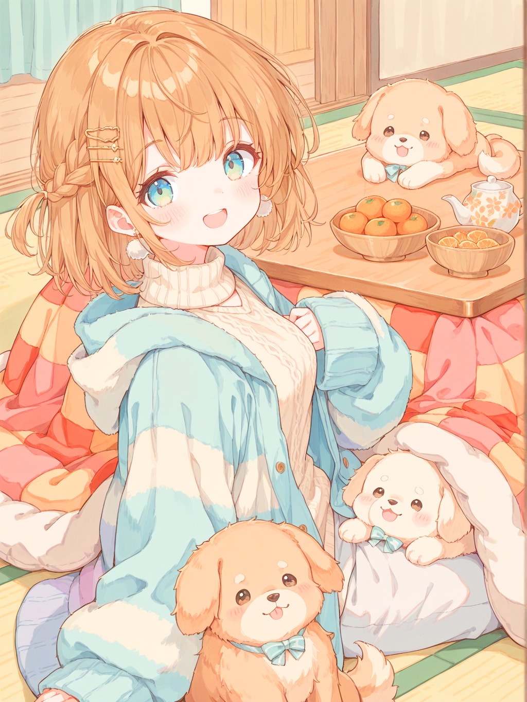 こたつに集まる子犬たち