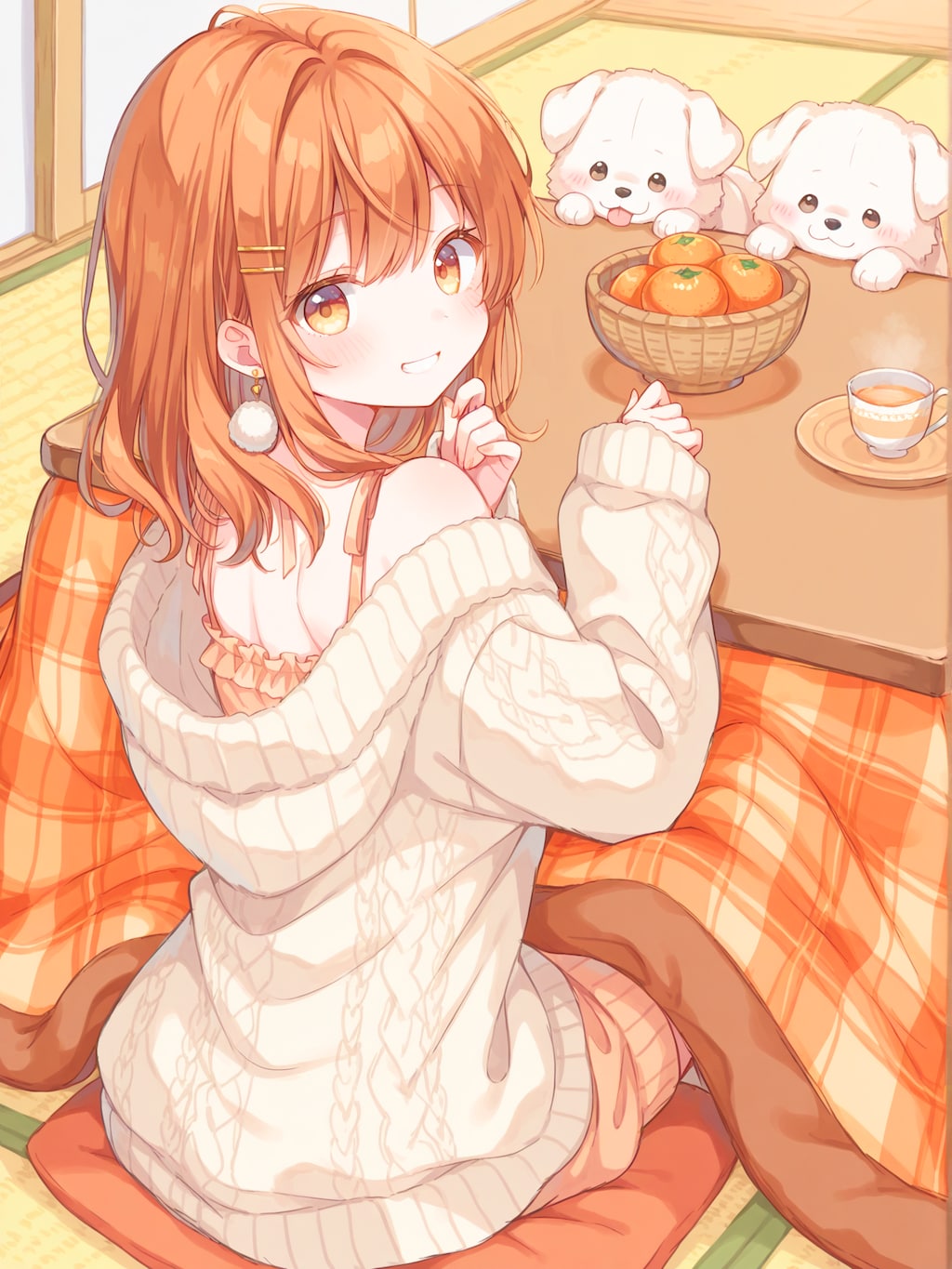 こたつに集まる子犬たち