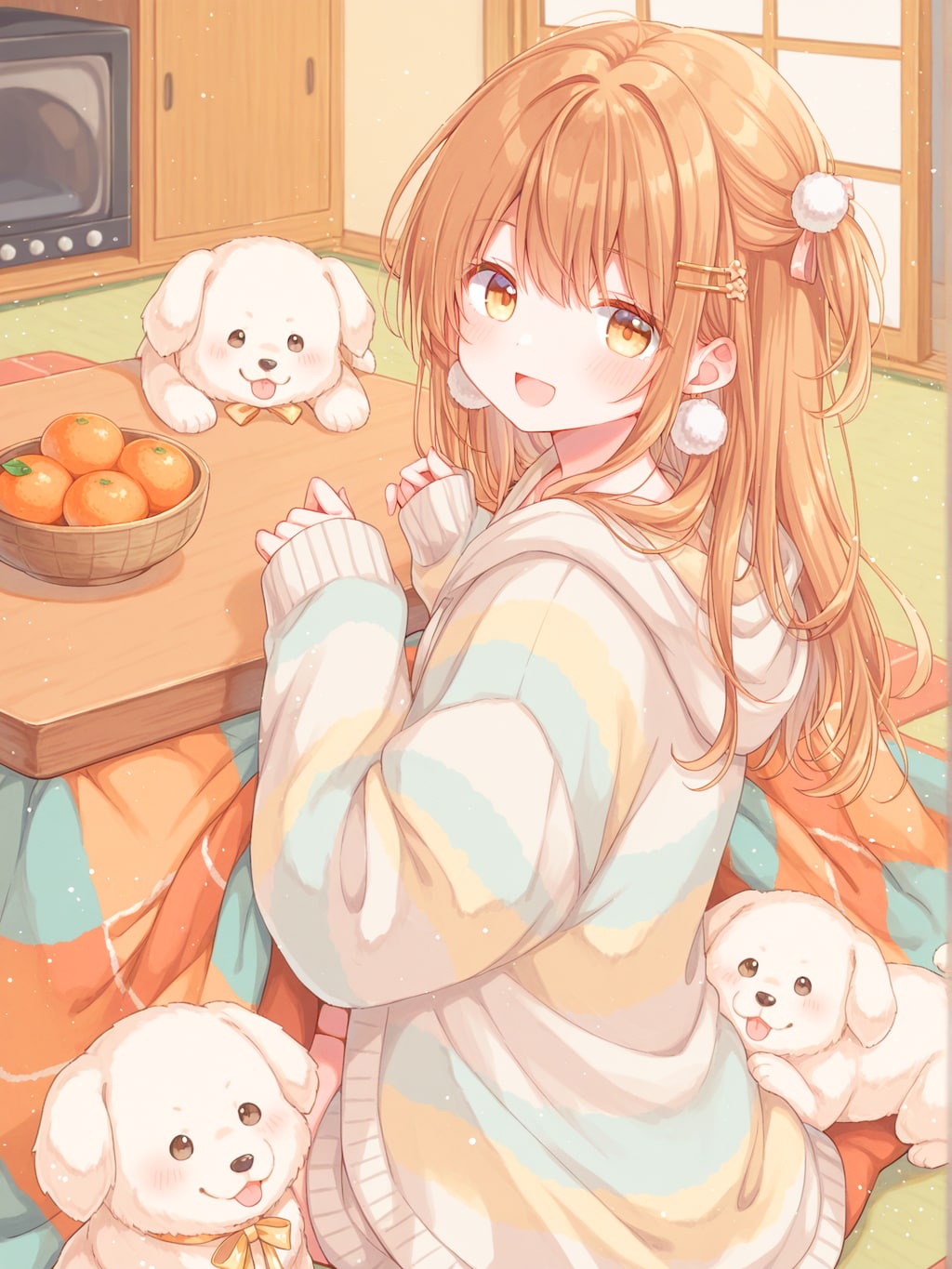 こたつに集まる子犬たち