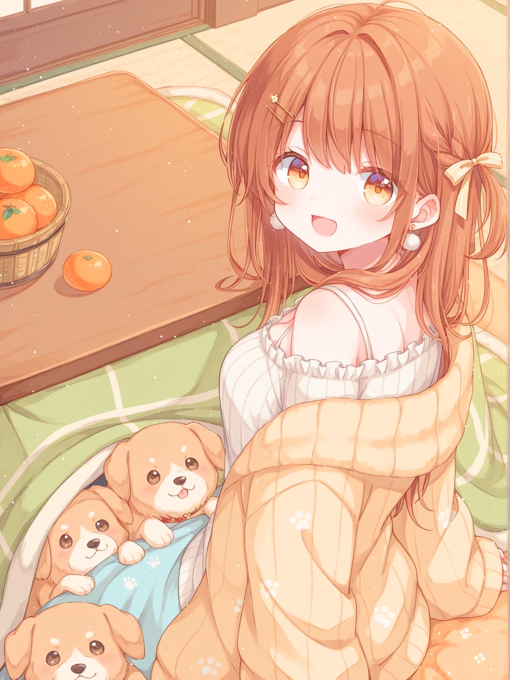 こたつに集まる子犬たち