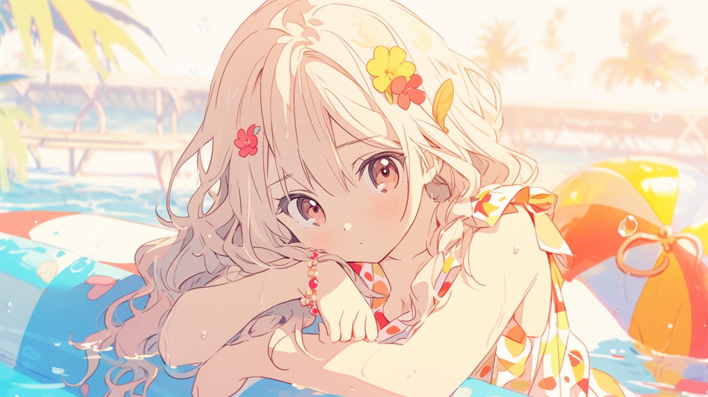 夏のプールで輝く花の少女のひととき | の人気AIイラスト・グラビア