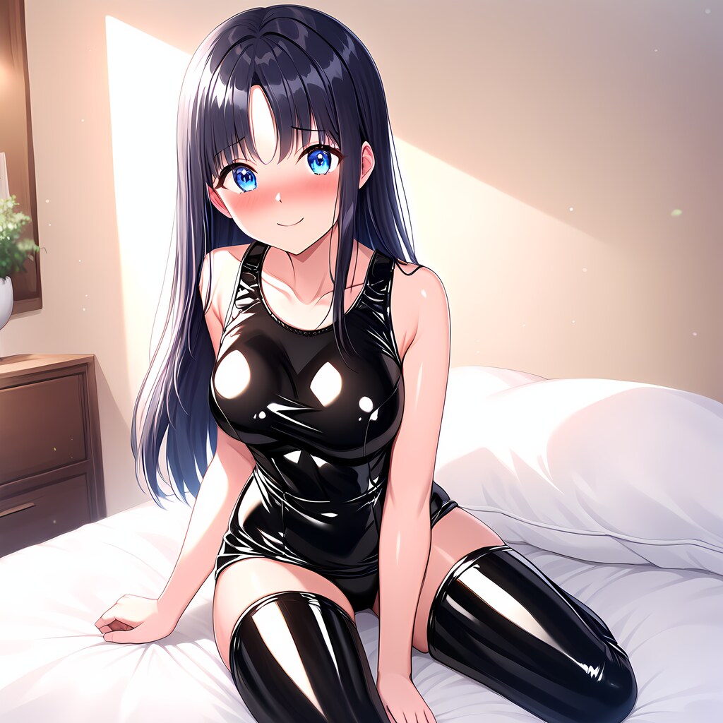 黒エナメル紺旧スク水サイハイソックス