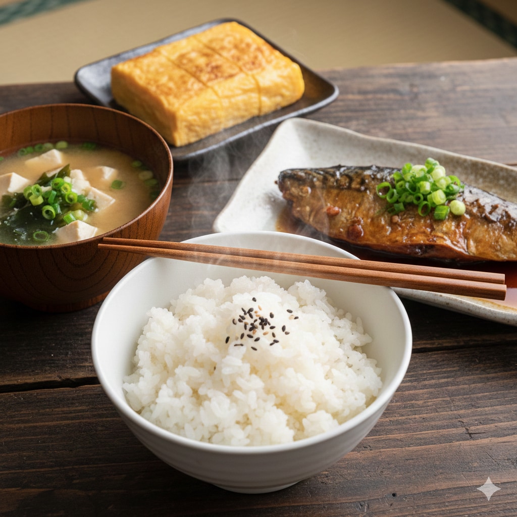 【朝食】白米、鯖の味噌煮、味噌汁、卵焼き