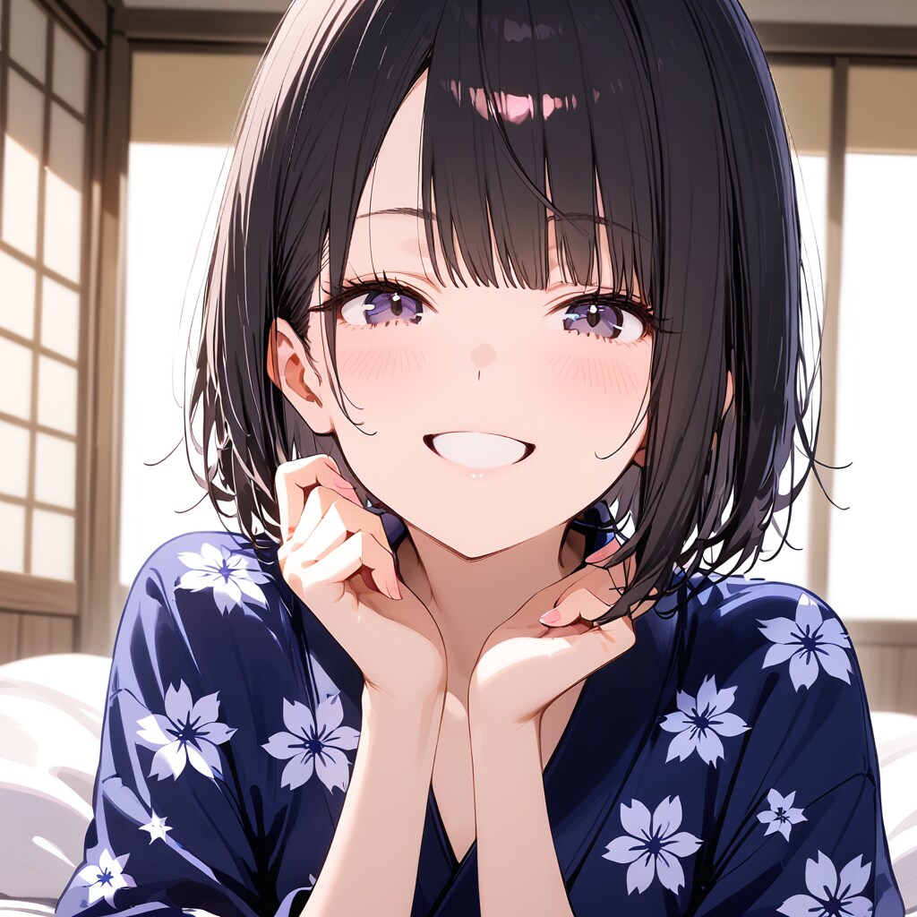 朝の旅館で笑顔