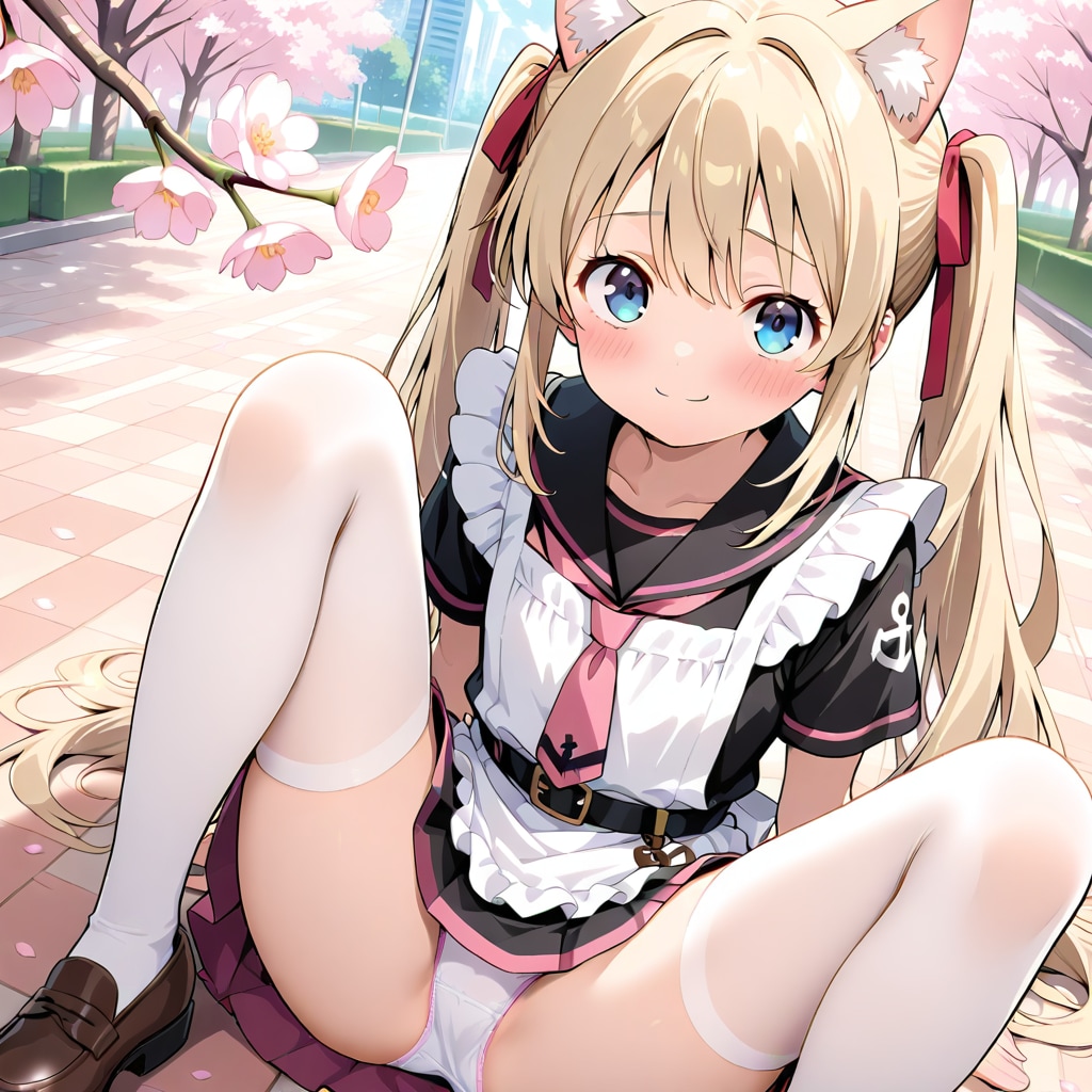 猫耳メイド金髪ツインテJK莉奈の桜の下で白ストッキング♡ かわいいでしょ？🌸🐱